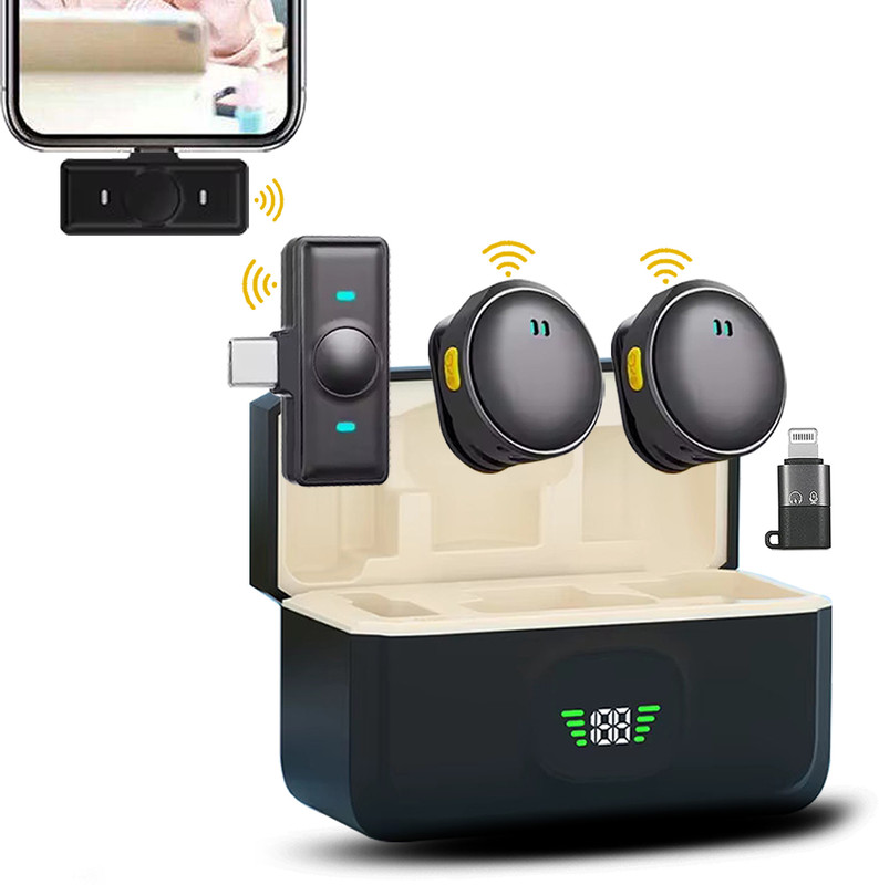 WRADER Dual Wireless Mic with Charging Case for iPhone and Type C Android Mobile Microphone