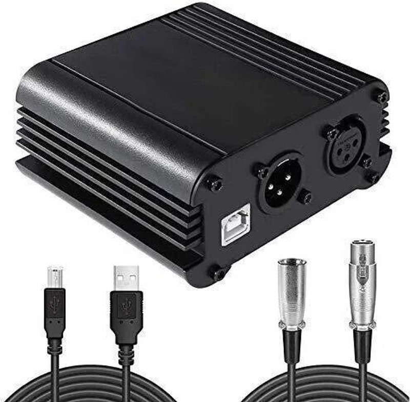 AMG Music 48V Phantom Power, Audio Interface with USB Cabel, BONUS+XLR 3 Pin Microphone Cable for Any Condenser Microphone Music Recording Equipment microphone set(Black)