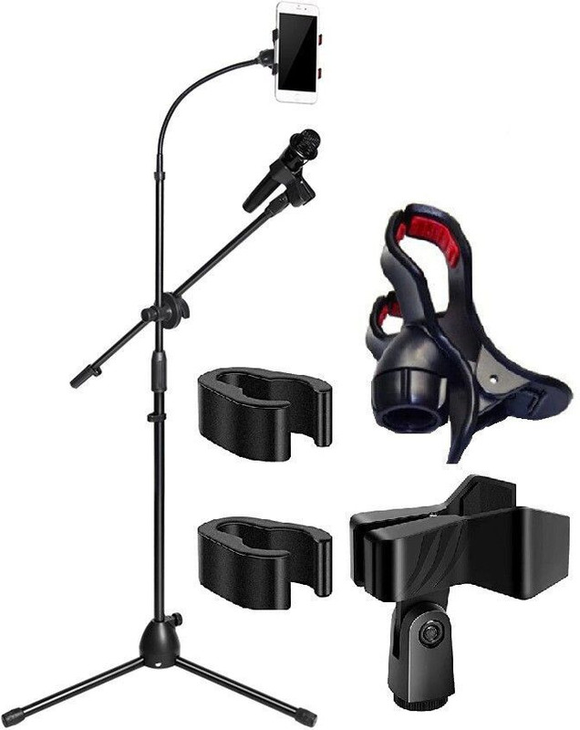 Techtest Microphone Stand with Mobile Holder Adjustable Floor Stand for Karaoke Singing Mic Stands For Performance, Karaoke Singing, Speech, Stage and Outdoor(Black)