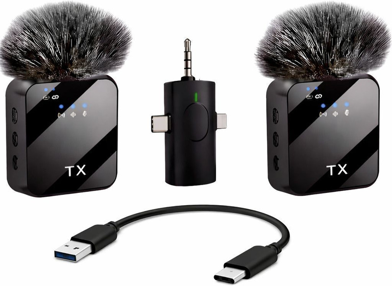 Vibzon Wireless Mic 3-in-1 Type C & Lightning Noise Cancelling Collar Mic Wireless Microphone(Black)
