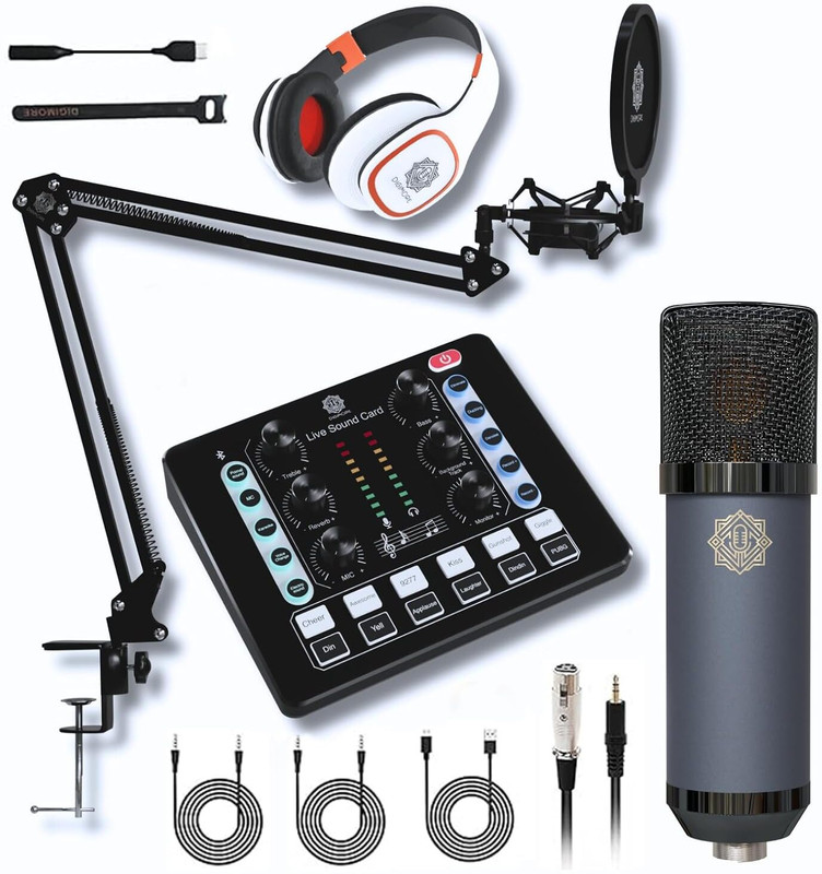 Digimore D-440 Condenser Mic Kit w Headphone, Sound Card for Recording,Podcast & Singing Microphone