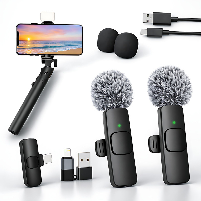 MMAK Dual Wireless Lavalier Mic with LED Selfie Stick forReels, Vloogers Microphone