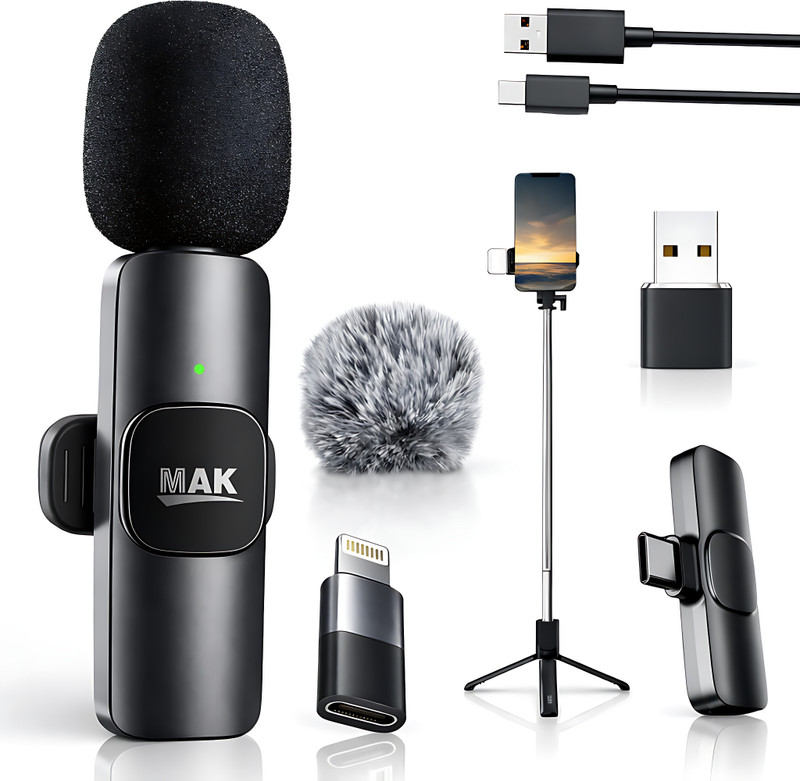 MAK Wireless Mic with Fur and LED for Reels Vlogs and Live Streaming Microphone