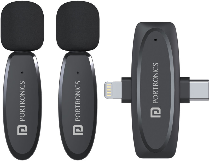 Portronics Vlogmate Dual Mic Wireless Microphone With Type C & 8 Pin Receiver for Mobile Microphone