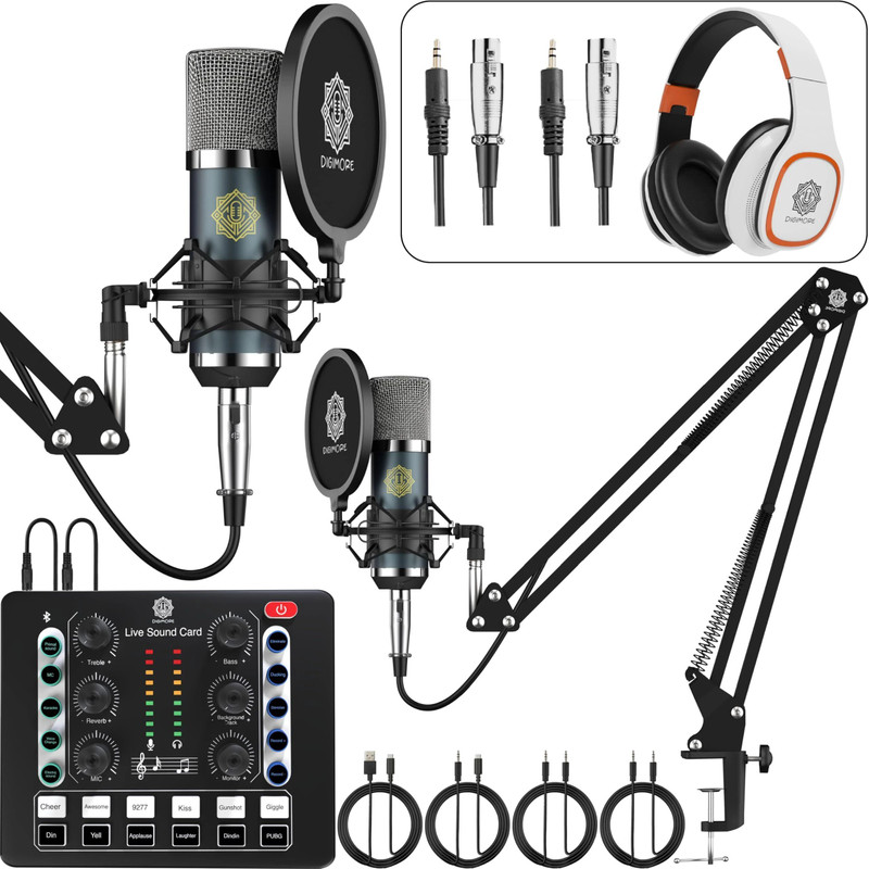 Digimore D-442 Dual Condenser Mic Kit w Interface & Headphones for Podcast, Singing Microphone
