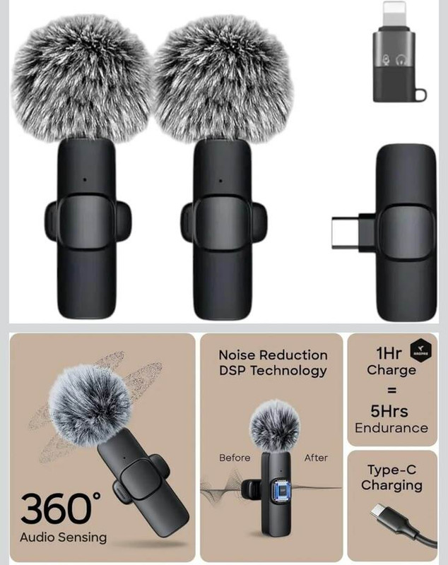 AGINDUSTRY Dual Wireless Microphones with Fur for Type C Android Mobile and iPhone Lavalier Microphone