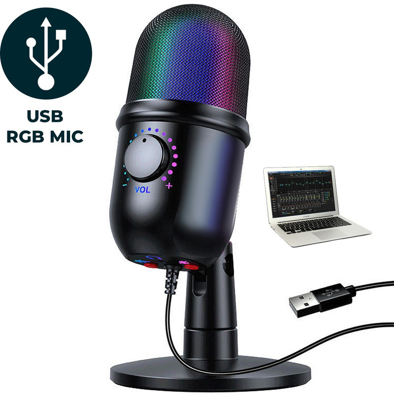 MOBIZAC Full Studio Mic with Noise Reduction, Volume Control RGB Lighting USB Condenser Microphone