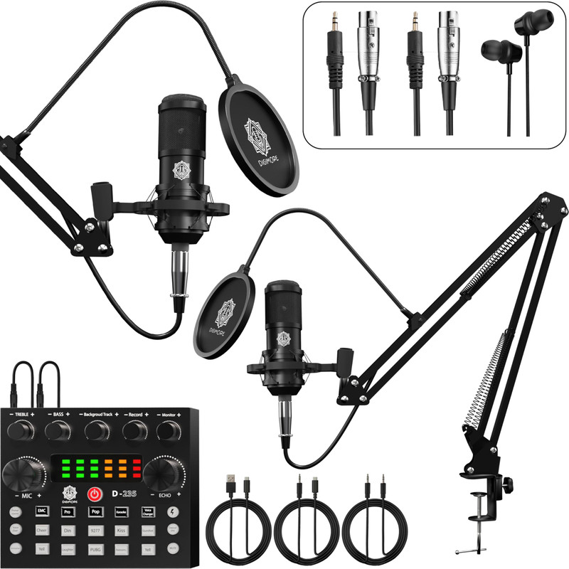 Digimore D-442 Dual Condenser Mic Kit w Interface & Headphones for Podcast, Singing Microphone