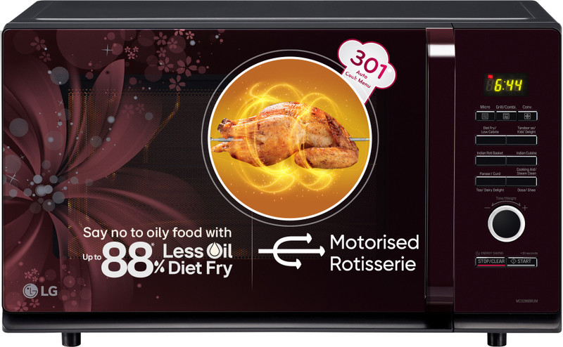 LG 32 L Auto Cook Menu, Stainless steel cavity, 360 degree Motorised Rotisserie for Bar-be-queing, Indian Cuisine, Tandoor Se, Steam Clean & Diet Fry) Convection Microwave Oven(MC3286BRUM, Black)
