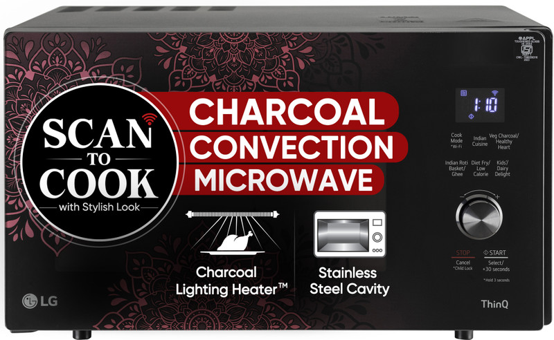 LG 28 L Heart Friendly Recipes and 360 Motorised Rotisserie for crispy and tasty bar-be-que recipes, Scan to Cook Wi-Fi Enabled Charcoal Convection Microwave Oven(MJEN286VIW, Black)