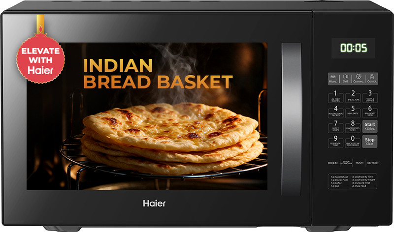 Haier 23 L with 205 Auto cook menus, Paneer/Ghee/Curd making, Bread basket zone, Combination Cooking, Multi stage cooking, Fermentation, Grilling, Reheating & Defrost , Deodorizer/ Lemon clean, Child Lock, Convection Microwave Oven(HIL2302CRSH:IN/MWO/DL, Black)