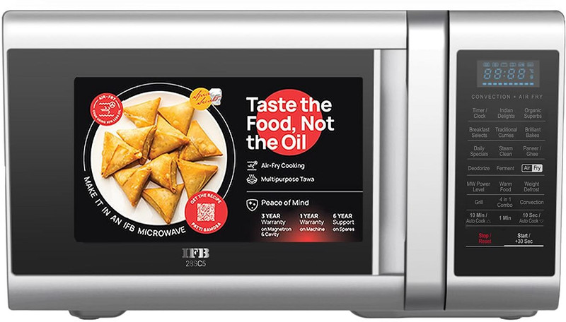 IFB 28 L Air Fry, Homemade Paneer in just 9 mins, Paneer/Ghee Mode, 300 Auto Cook Menus , Auto Defrost, Steam Clean, 10 Power Levels, Multi-Stage Cooking Convection Microwave Oven(28SC5, Silver)