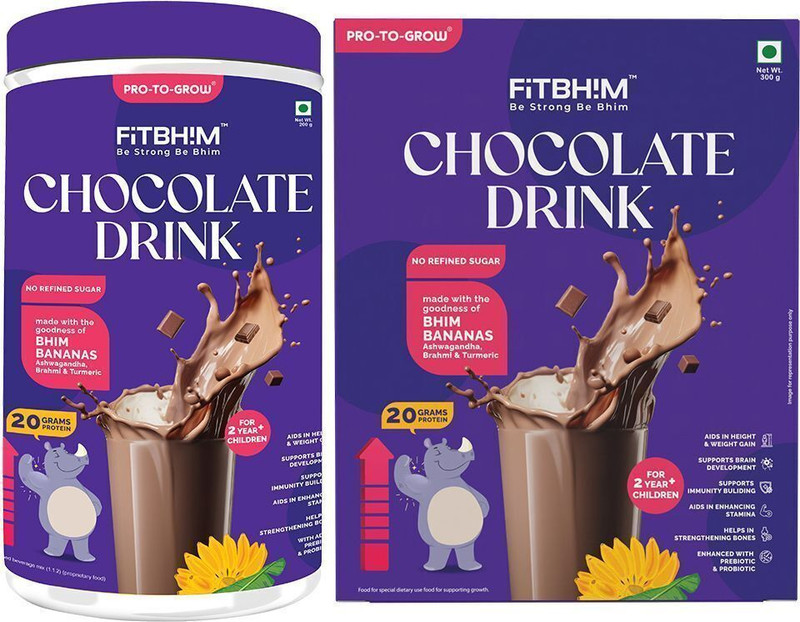 Pro-To-Grow Fitbhim Chocolate Drink Combo Jar 200g + Box 300g For Growing Kids 500g(2 x 250 g)