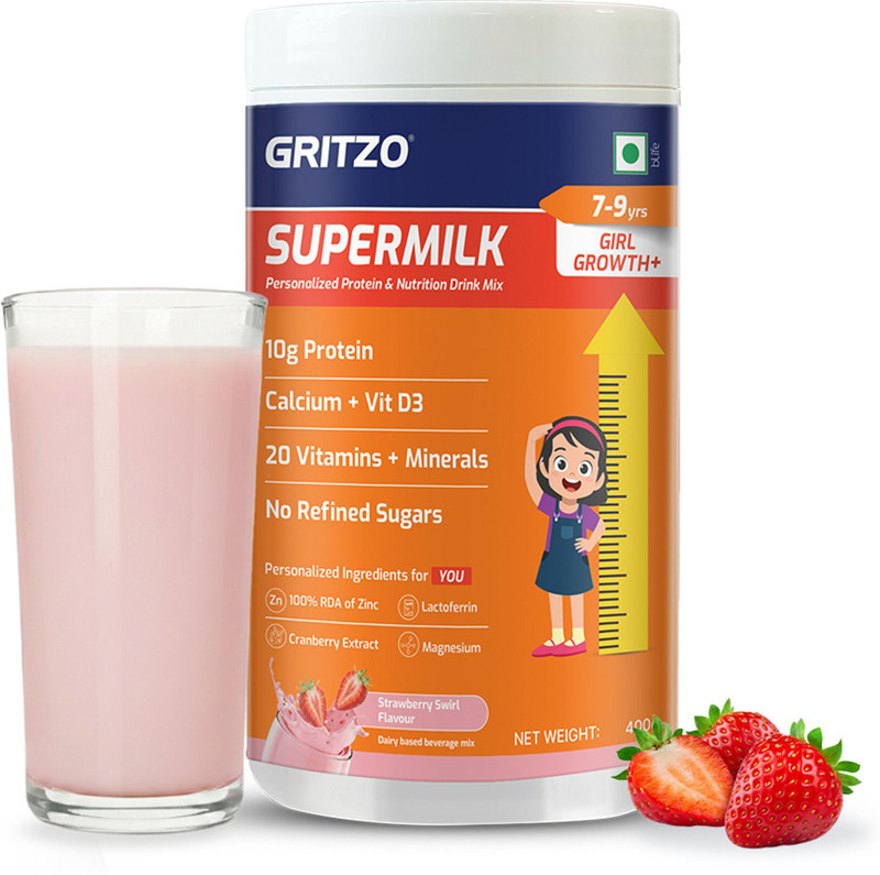 Gritzo SuperMilk Growth+ (2-6y Boy & Girl), 7g Protein Powder, Strawberry Swirl(400 g)