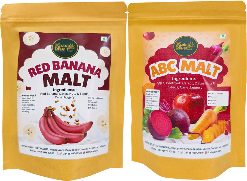 KichusDelight ABC Malt & Red Banana Malt Combo | Natural Health Drink Mix for Kids & Adults(2 x 250 g)
