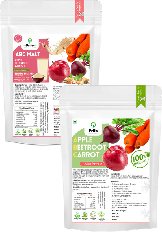 Prifo ABC Juice and ABC Milk Mix Combo Apple Beetroot Carrot healthy rich drink 2 Pack(2 x 250 g)