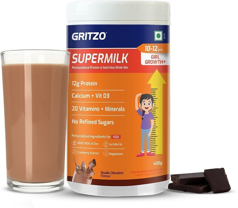 Gritzo SuperMilk Growth+ (13+y Girls), 13g Protein Powder, Double Chocolate(400 g)