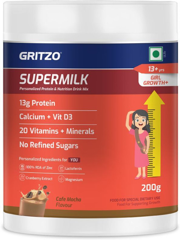 Gritzo SuperMilk Growth+ (13+y Boys), 13g Protein Powder, Cafe Mocha(200 g)