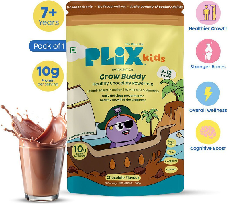 The Plant Fix Plix Kids GrowBuddy Chocolaty Powermix | 10g Protein | Healthier Growth | 7+ Yrs(350 g)