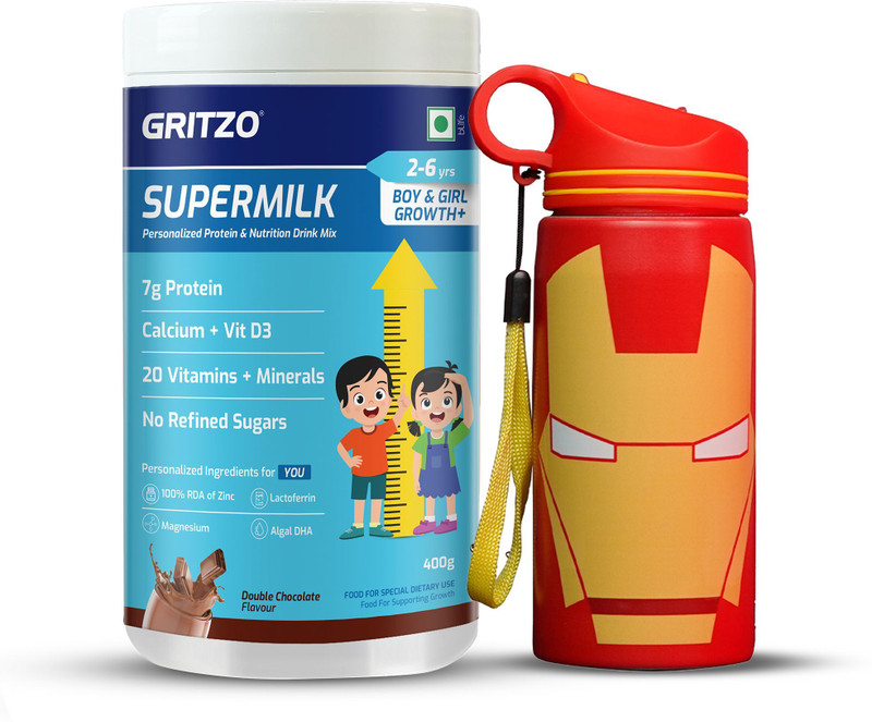 Gritzo SuperMilk Growth+ Iron Man (13+y Boy), 13g Protein, Double Chocolate with Sipper(400 g)