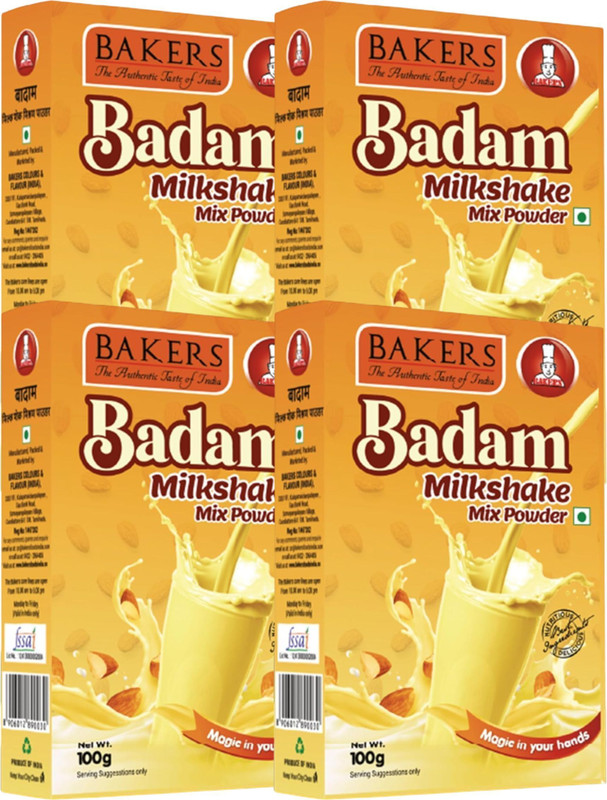 Bakers Milk Shake Mix | Badam Flavour | Instant Drink Mix| Smooth as Silk(4 x 100 g)