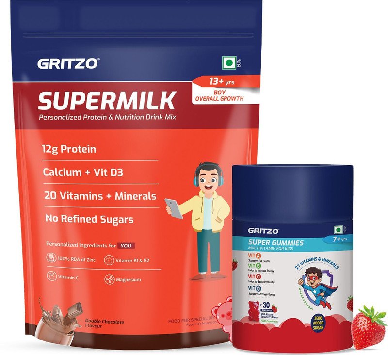 Gritzo SuperMilk Overall Growth (2-6y Boy & Girl) Double Chocolate & Super Gummies(400 g)