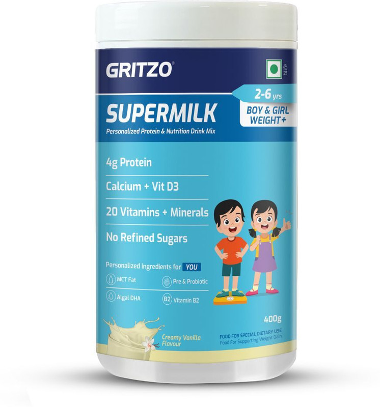 Gritzo SuperMilk Weight+ (2-6y Boy & Girl), 4g Protein Powder, Creamy Vanilla(400 g)