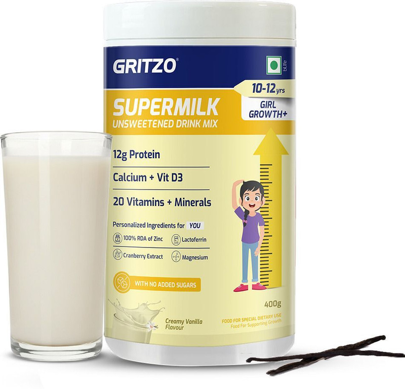 Gritzo SuperMilk Growth+ Unsweetened Drink Mix (13+y Girls), 13g Protein,Creamy Vanilla(400 g)