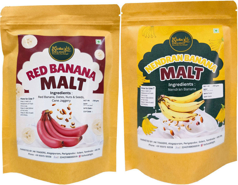KichusDelight Nenthra Banana Powder & Red Banana Malt Combo | Natural Health Drink Mix(2 x 250 g)