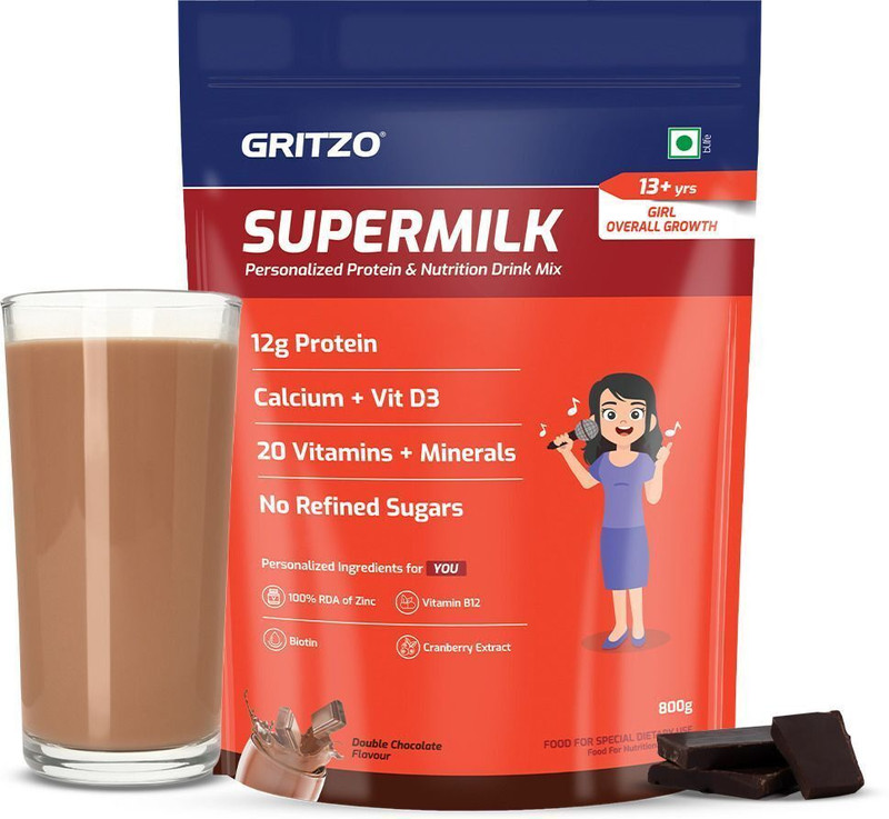 Gritzo SuperMilk Growth+ (13+y Girls), 13g Protein Powder, Double Chocolate(200 g)
