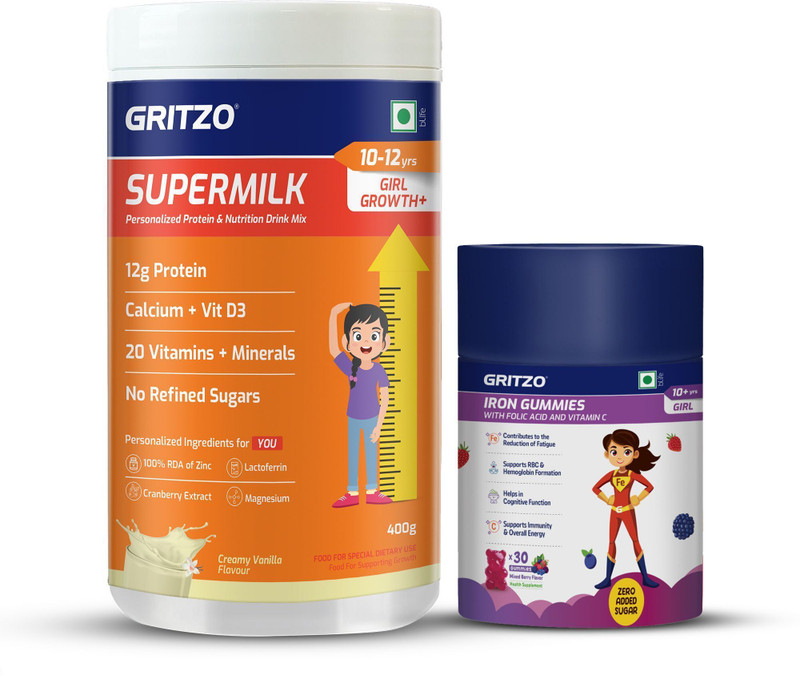 Gritzo SuperMilk Growth+ (10-12y Girls) Creamy Vanilla & Iron Gummies(2 x 215 g)
