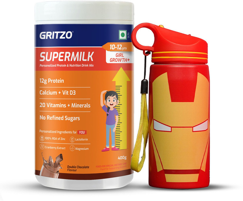 Gritzo SuperMilk Growth+ (10-12y Girls), 12g Protein, Double Chocolate with Sipper(400 g)