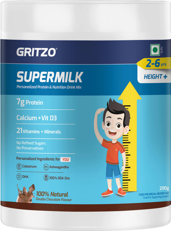 Gritzo SuperMilk Height+ (2-6y), 7g Protein Powder, Double Chocolate(200 g)