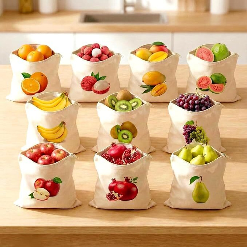 D.JACTION Cotton Reusable Bags for Fridge, Plastic-Free Kitchen Organizer(Pack of 10, Natural Beige)