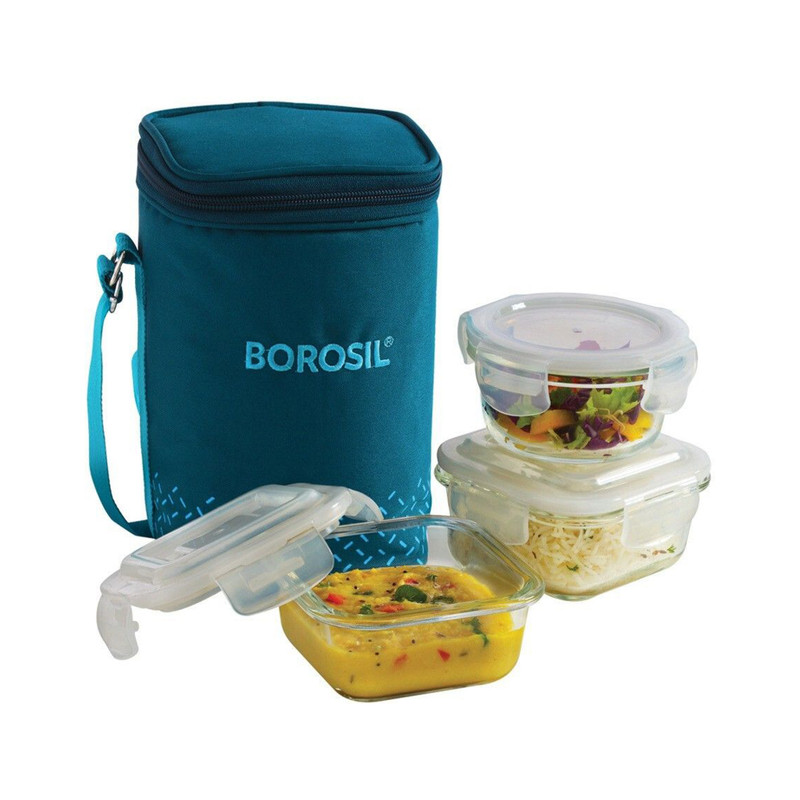 BOROSIL Teal Bag, 3 Pc (320 ml x 2 + 240ml x 1 ), Office Tiifin 3 Containers Glass Office Lunch Box(880 ml)