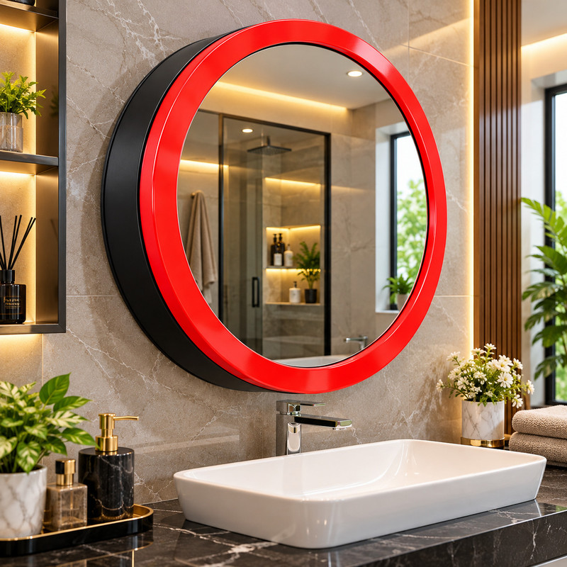 Citrine Round Bathroom Mirror Cabinet Wall Mounted Storage Cabinet Red Black Bathroom Mirror(Round Finish : glossy)