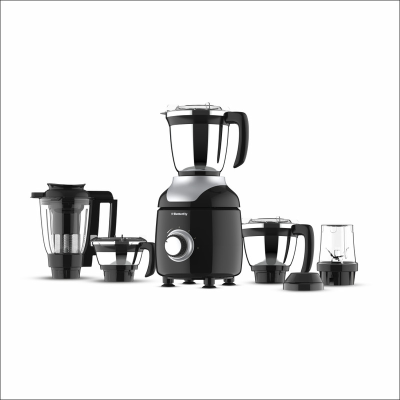 Butterfly Ziera Chrome with Tornado Blade 750 W Juicer Mixer Grinder(Zeira Chrome | 5 Jars | Black with Chrome)