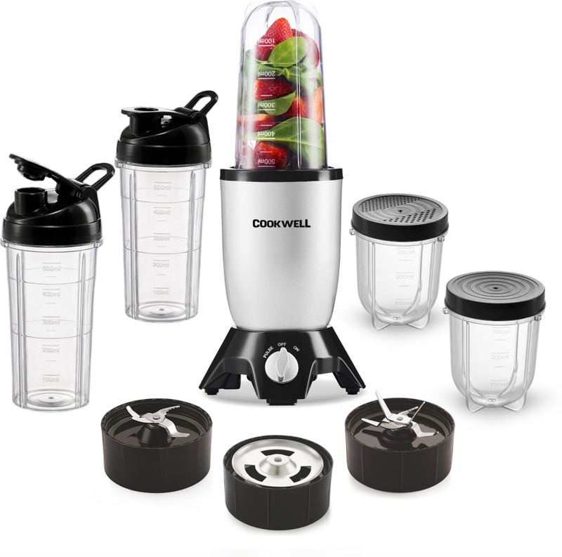 cookwell Bullet 600 W Juicer Mixer Grinder(Push + Knob | 5 Jars | Silver and Black)