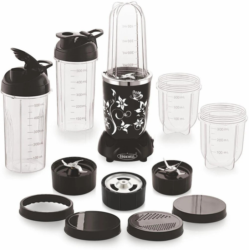 cookwell Bullet 500 W Juicer Mixer Grinder(Modern | 5 Jars | Black and Chrome)