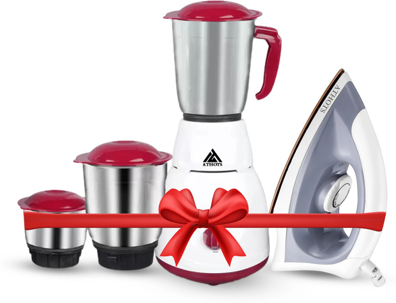 Athots Diamond 550 W Mixer Grinder(Eco Mingle CNC Hybrid Power Full 555 W Mixer (3 Jar) + 1100 W Dry Iron | 3 Jars | White, Maroon)