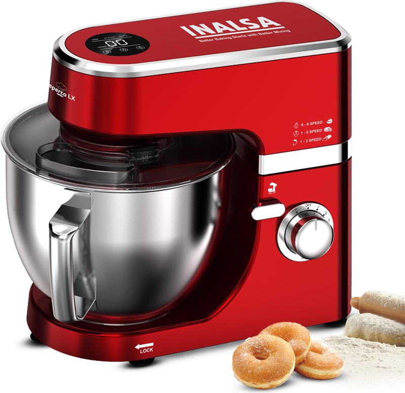 Inalsa Stand Mixer | 1300W | Esperto Lx Red 1300 W Juicer Mixer Grinder(Stand Mixer 1300W With Digital Preset Option|5.3L SS Bowl|Flour Kneading | 1 Jar | Red)