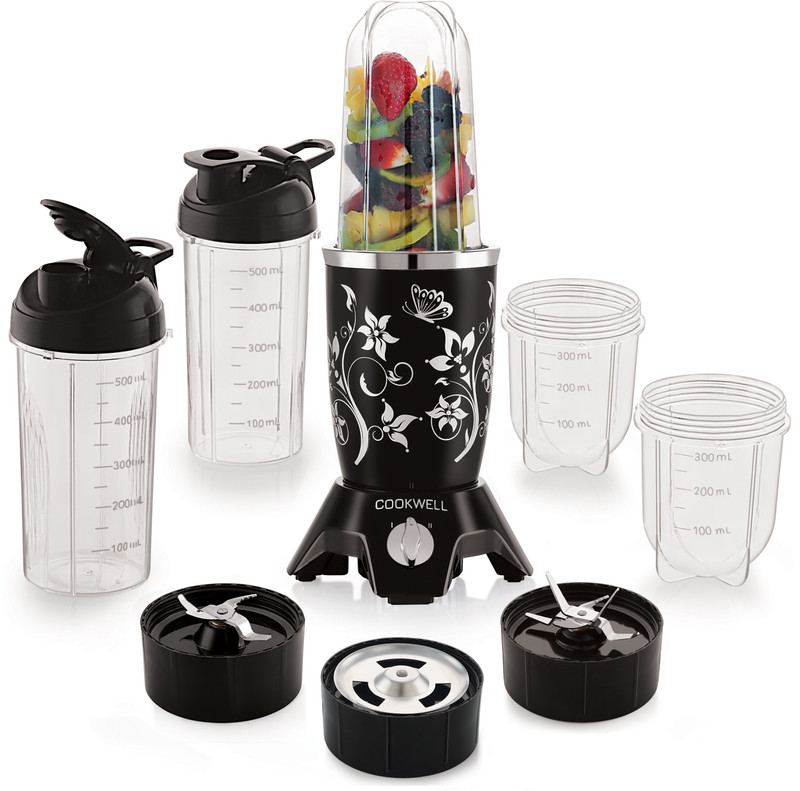 cookwell Bullet 600 W Juicer Mixer Grinder(Push + Knob | 5 Jars | Black Flower)