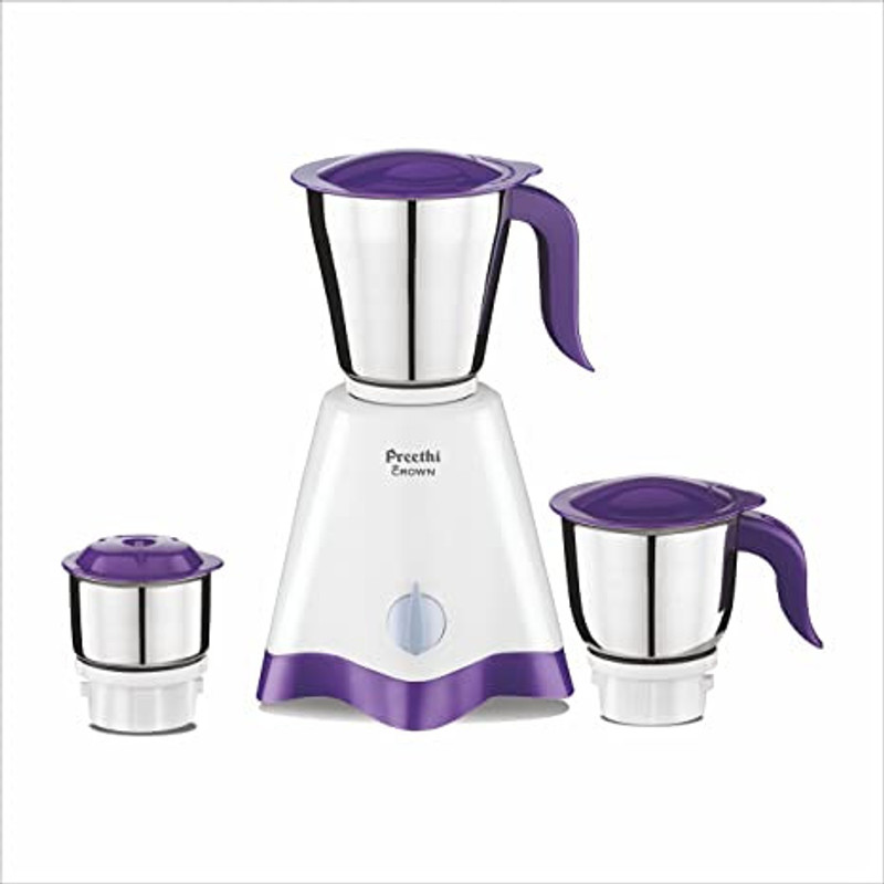 Preethi Crown MG-205 5 yr Motor Warranty & Lifelong Free Service 500 Mixer Grinder (3 Jars, White/Purple)