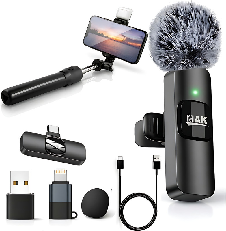 MAK Microphone Accessory Combo for Vlogs, Reels, Content Creation(Furry WindScreen , R1S LED Selfie Stick , Black)