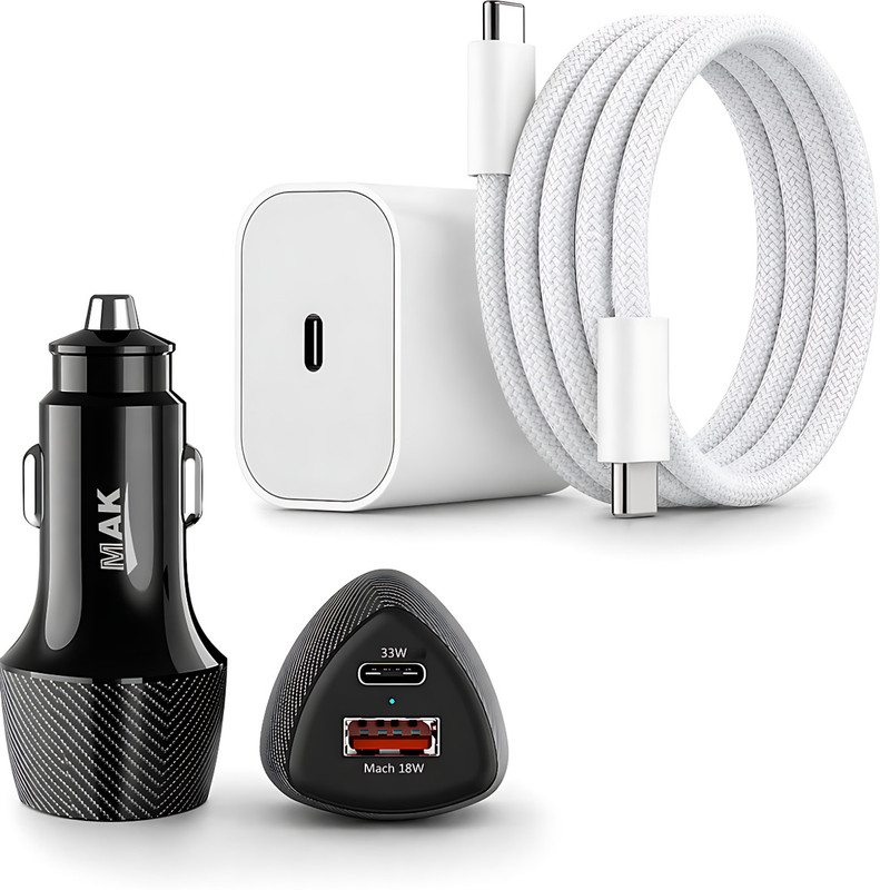 MAK Wall Charger Accessory Combo for Travelling, Comes With Dual Port 51W Car Charger(20W PD Adapter,C to C Braided Cable,White)