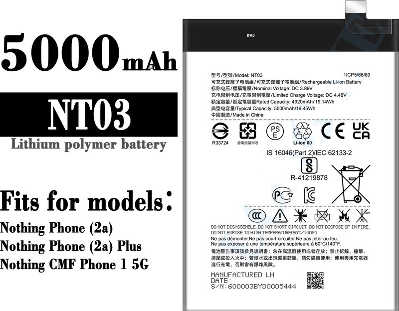 DVJ Mobile Battery For  CMF / NOTHING Original Nothing NT03 Battery For Nothing Phone (2a) A142 Mobile – 5000mAh
