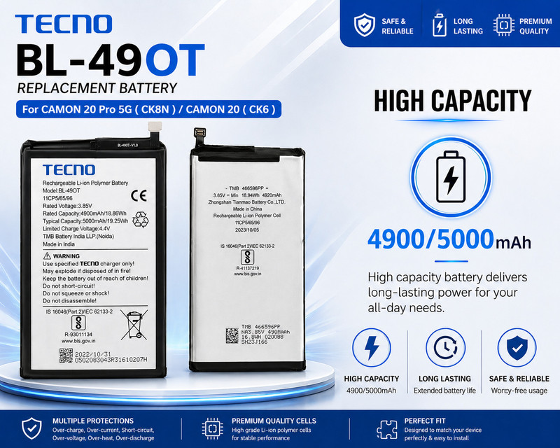 Tecno Mobile Battery For BL 49OT Tecno Camon 20 Pro 5G( CK8N ) / Camon 20 ( CK6 ) -5000 mAh