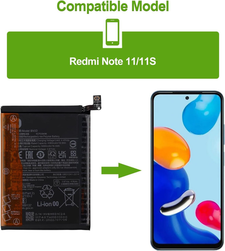 Wokia-Electronics Company Mobile Battery For  Compatible Xiaomi Redmi Note 11 (4G models), Redmi Note 11S (4G models), and Poco M4 Pro 4G-5000mAh