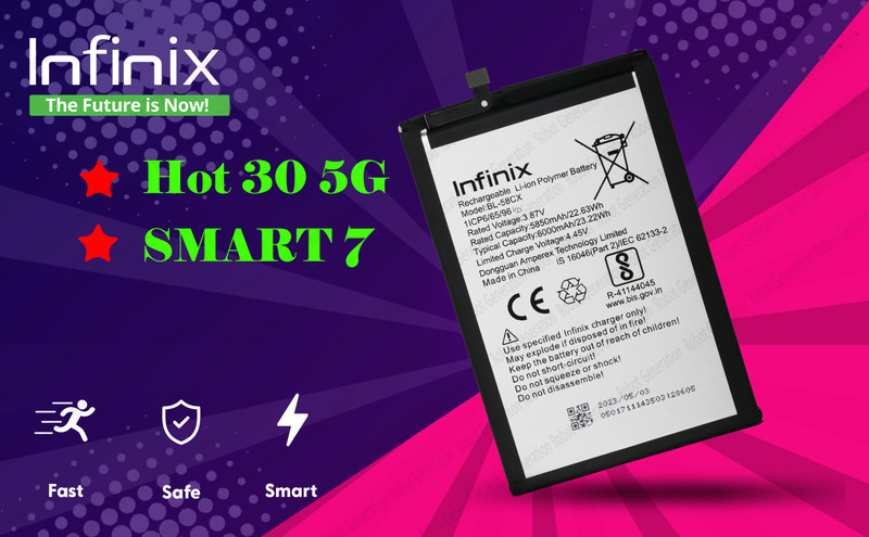 Infinix Mobile Battery For BL 58CX Infinix Hot 30 5G( X6832 ) / SMART 7( X6517 ) - 6000 mAh