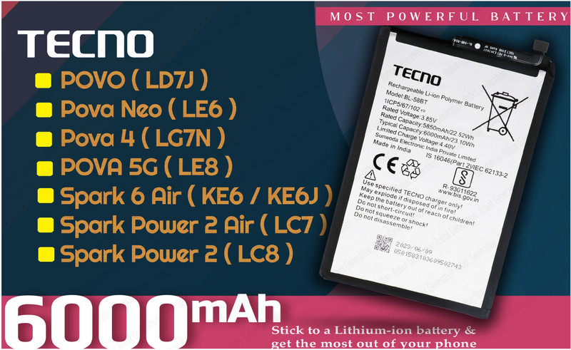 Tecno Mobile Battery For  BL 58BT Tecno Smart 4 Plus/Hot 10 Play/5/Hot 10S/Hot 12 Play / Hot 12 Ke6 ,Pova,Ld7J -6000 MAh